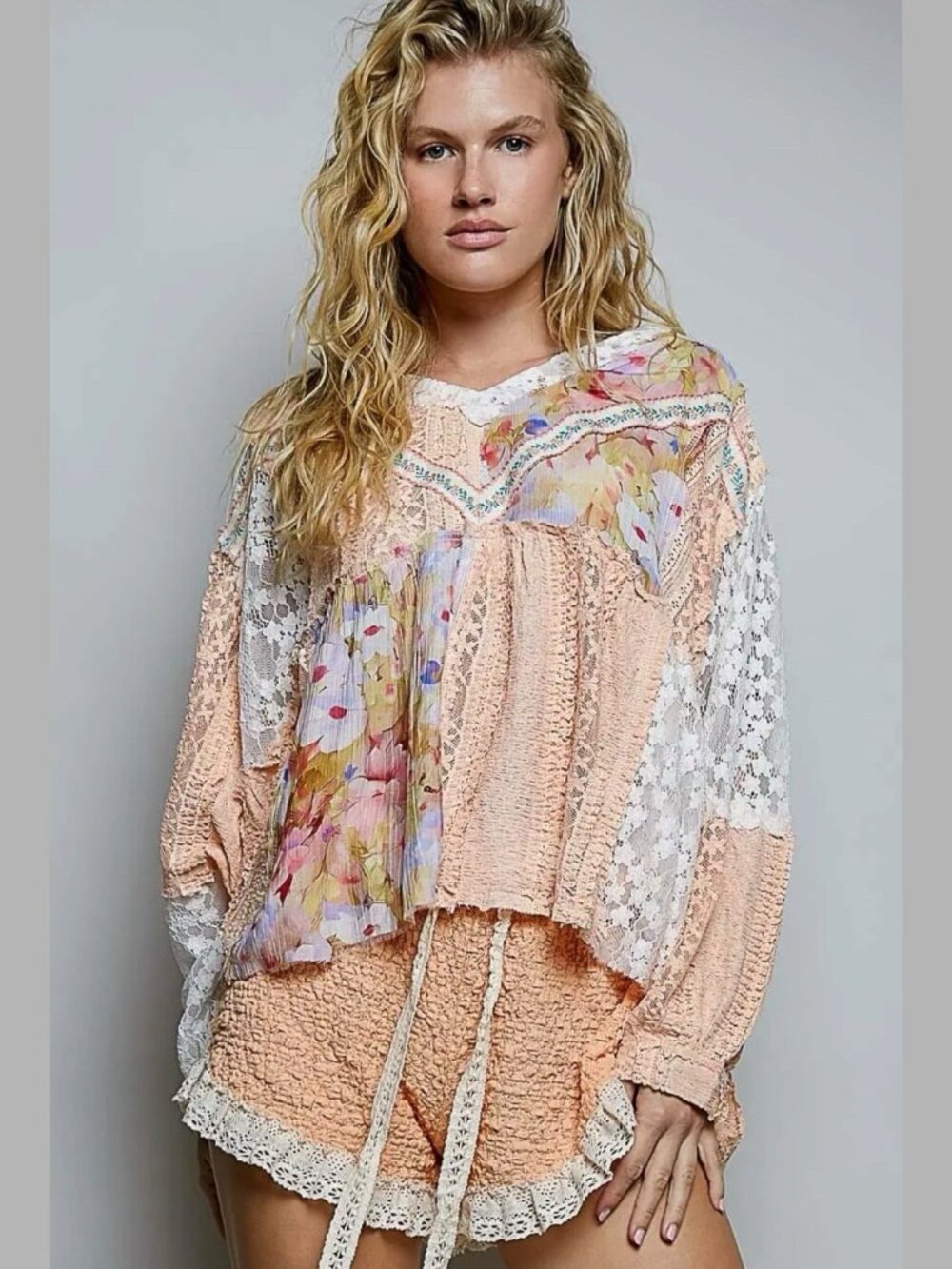 Pol Bohemian Lace Outseam Balloon Sleeve Top Apricot Color V-Neck Size S M L